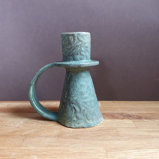 Candle holder in verdigris green handmade stoneware