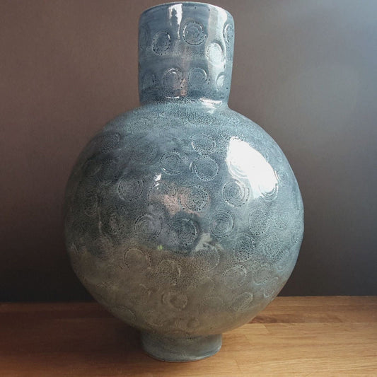 Moon Jar, blue handmade ceramic pottery bottle