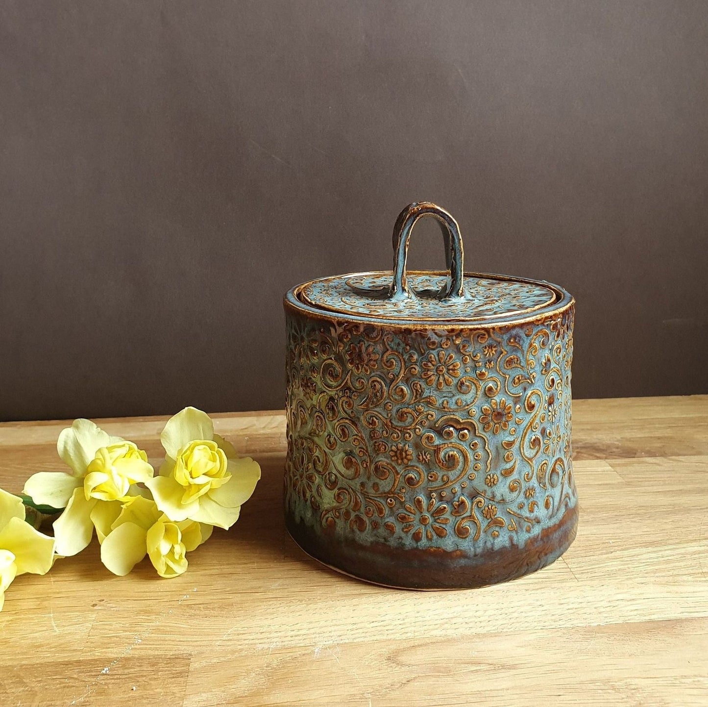 Storage jar 7cm blue flory pattern handmade pottery