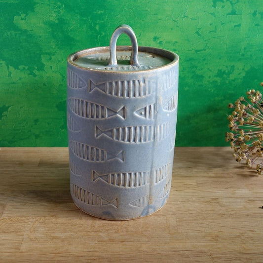 Storage jar with fish motif 14cm handmade stoneware _image