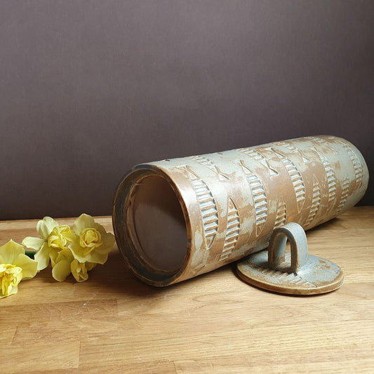 Storage jar with fish motif 27cm handmade stoneware