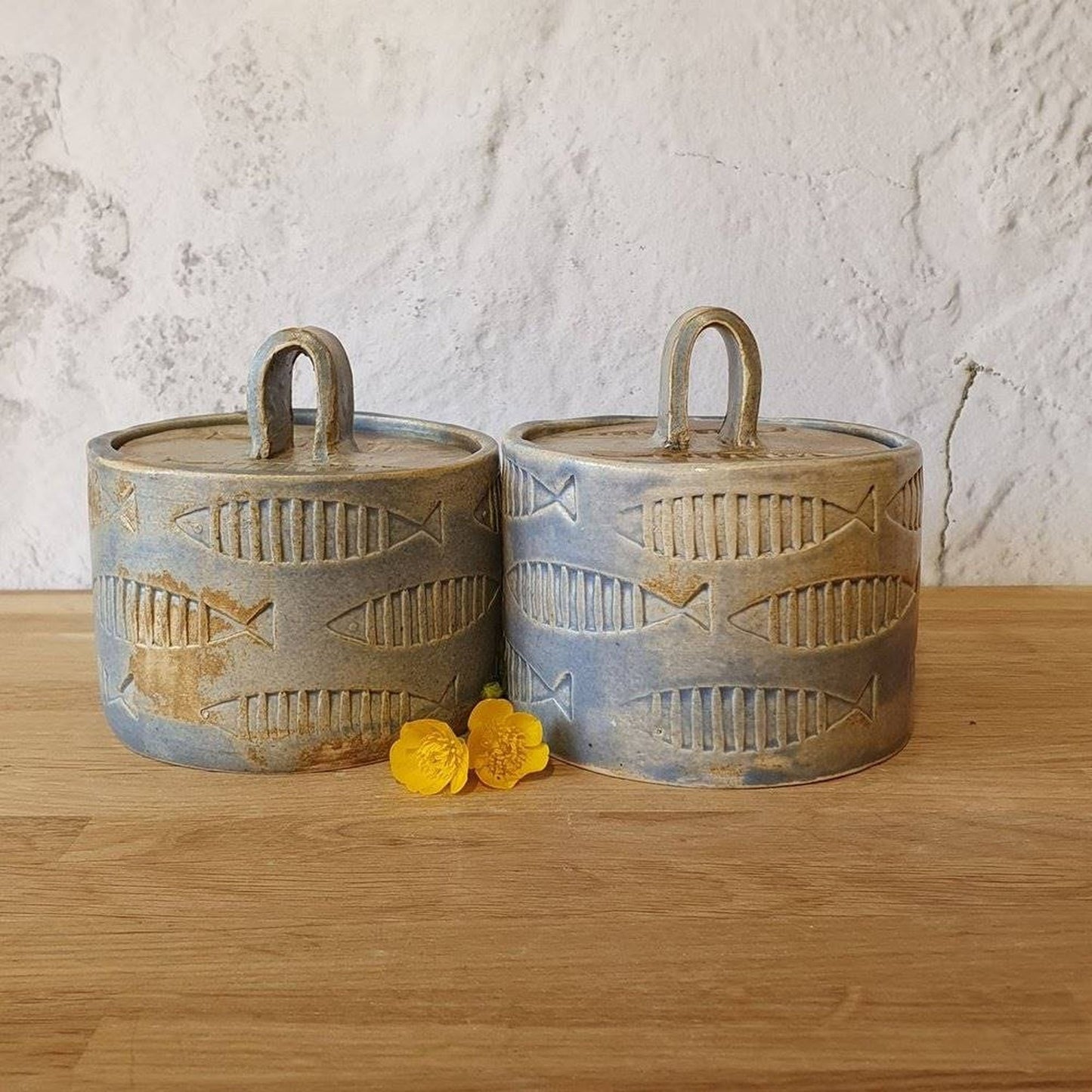 Handmade ceramic blue jar with lid fish pattern _image