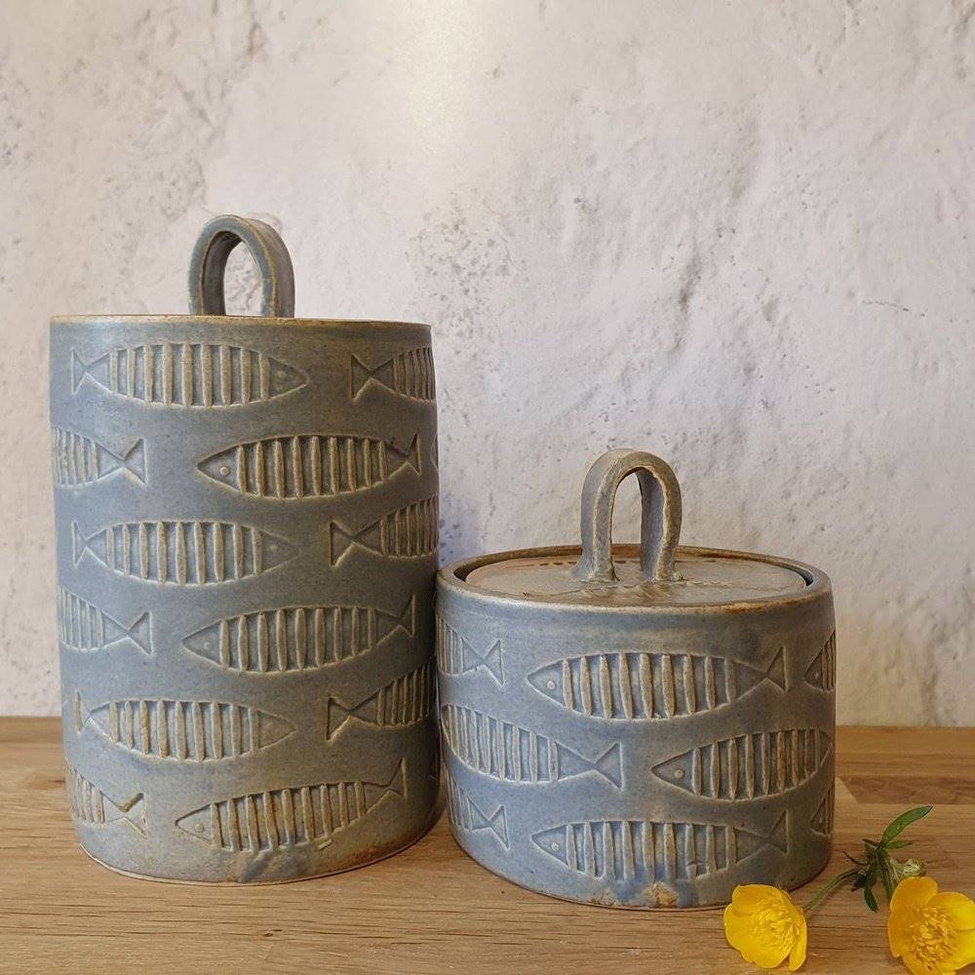 Handmade ceramic blue jar with lid fish pattern _image