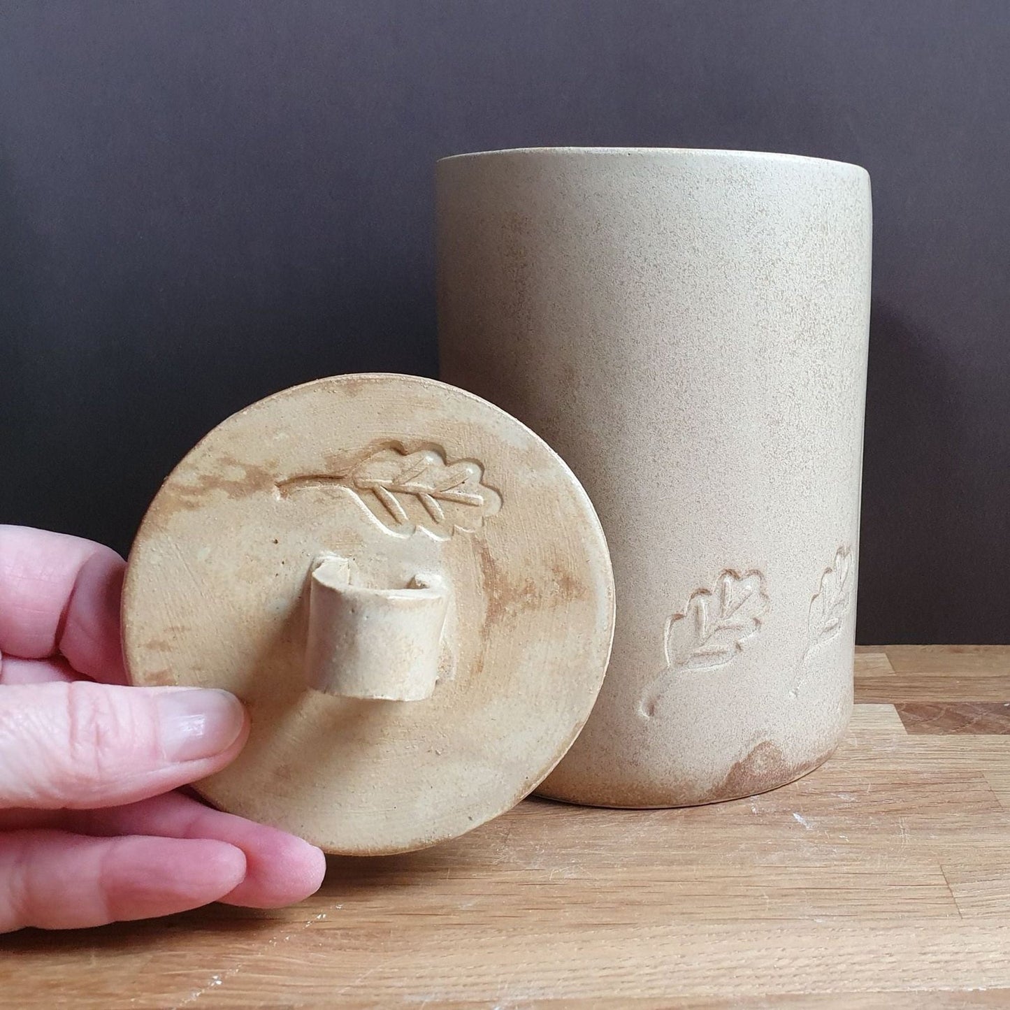 Storage jar with leaf motif 14cm handmade stoneware