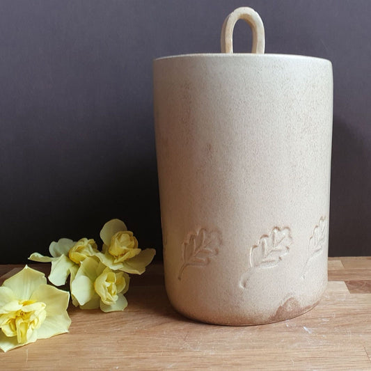 Storage jar with leaf motif 14cm handmade stoneware