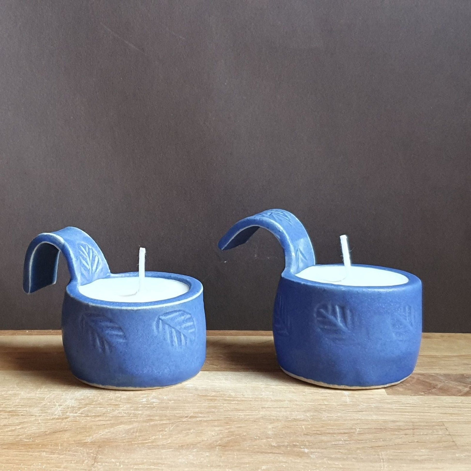 Soy wax tealight in cobalt blue stoneware pottery