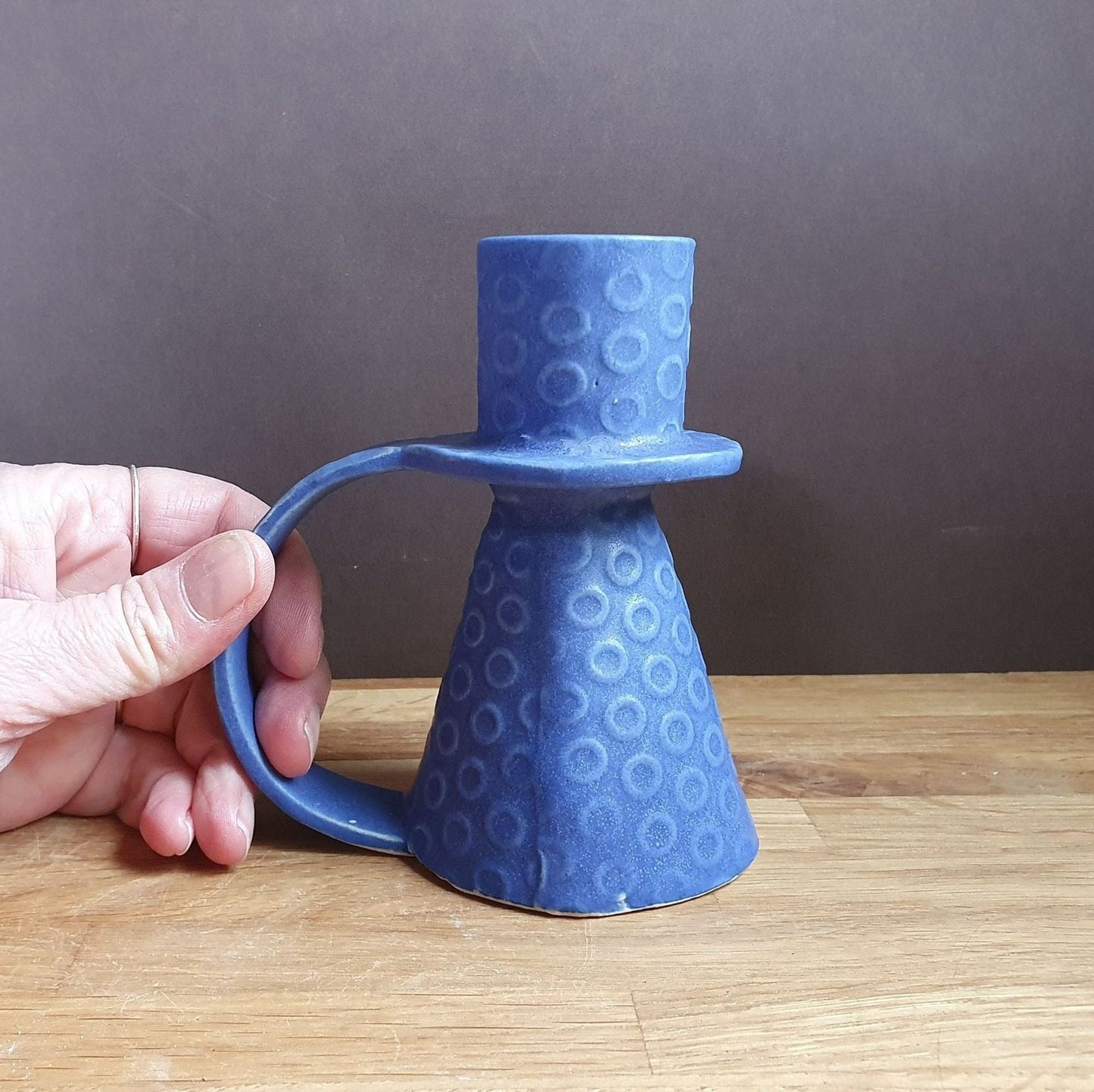 Candle holder in vibrant cobalt blue handmade stoneware