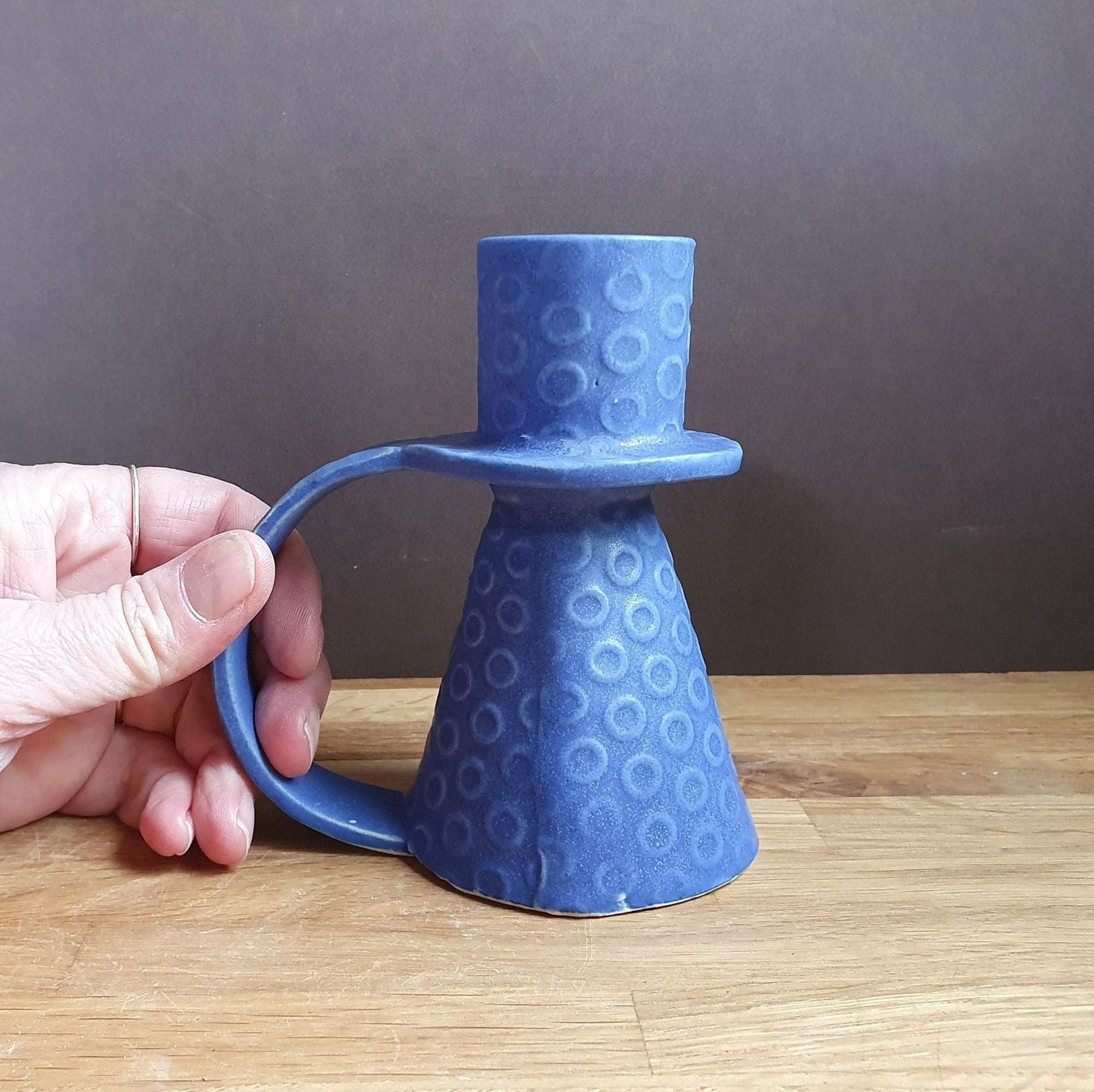 Candle holder in vibrant cobalt blue handmade stoneware