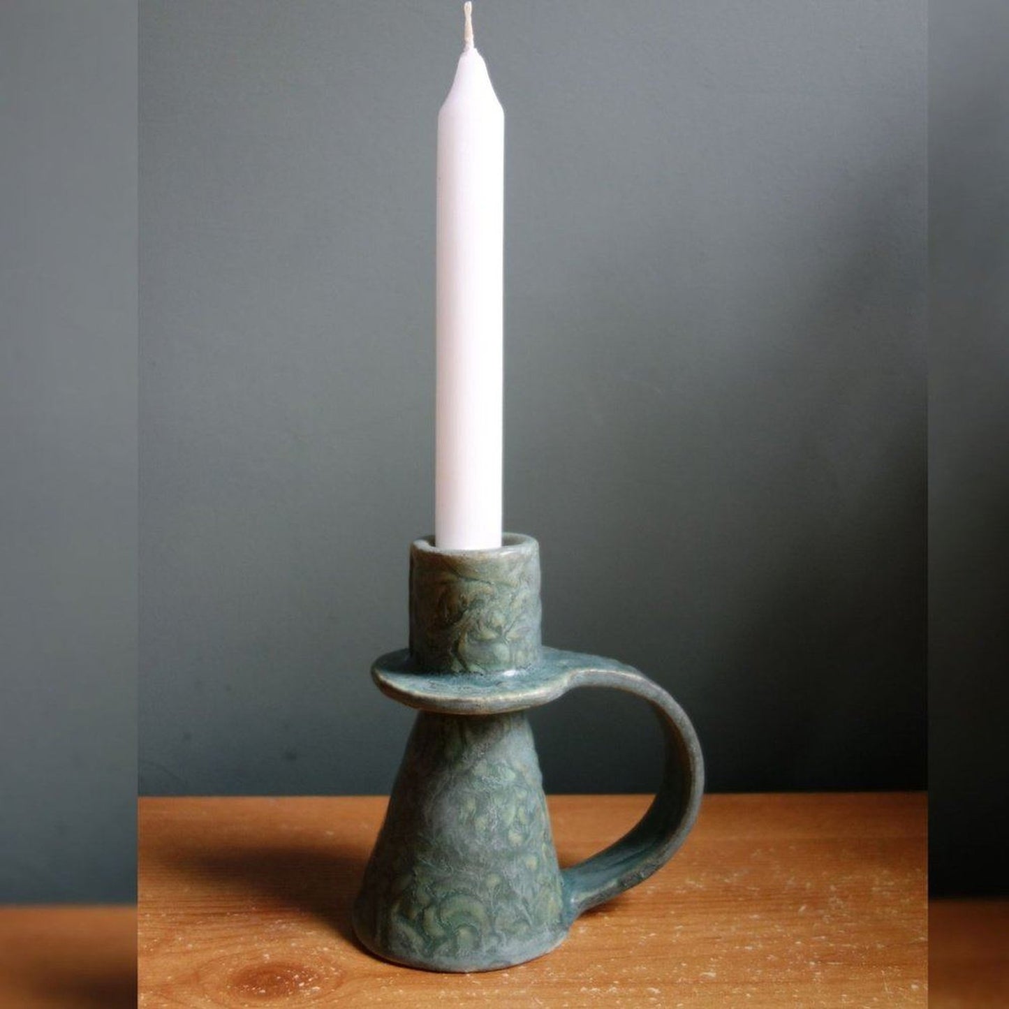 Candle holder in verdigris green handmade stoneware _image